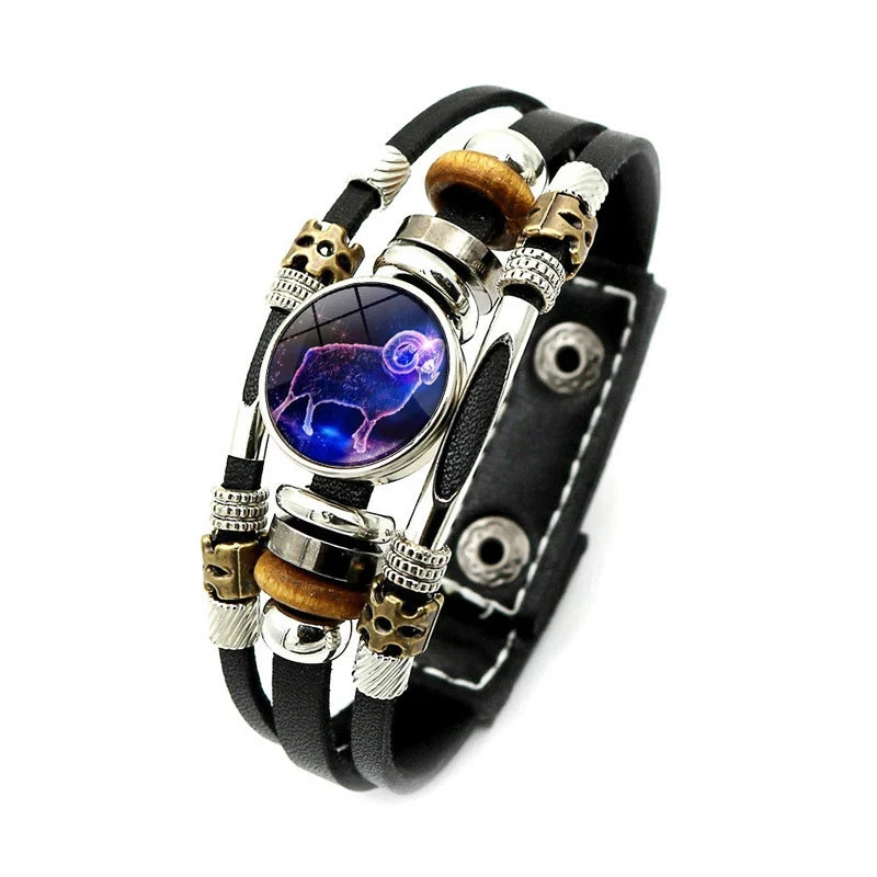 Zodiac Constellation Bracelet – 12 Signs Leather Snap Button Bracelet for Men & Women
