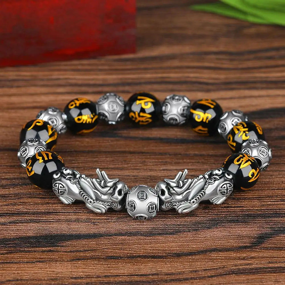 Fashion Jewelry Unisex Pixiu Attract Wealth Feng Shui Men Bracelets Obsidian Stone Beads Wristband Good Luck Bangle