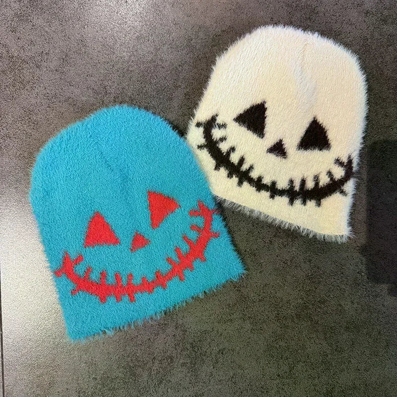 Halloween Funny Expression Wool Knitted Beanie - Y2K Hip-Hop Winter Hat with Quirky Face Design