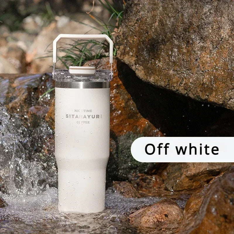 30oz Insulated Stainless Steel Tumbler with Straw & Handle | Travel Coffee Cup