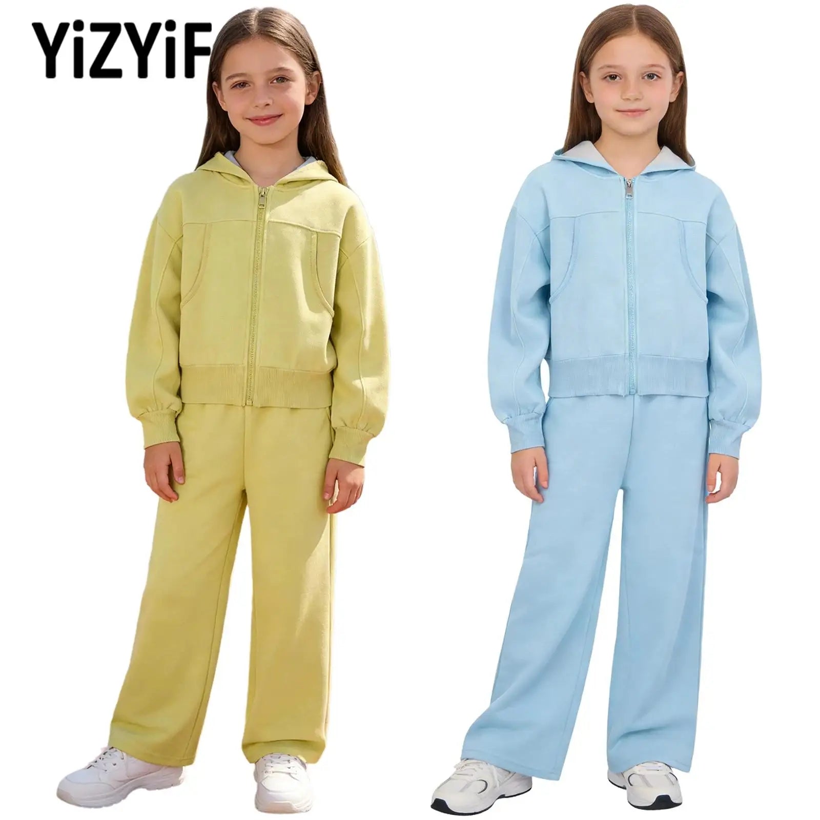 Girls Athletic Tracksuit Set - Hooded Jacket & Wide-Leg Pants for Sports & Active Wear (Ages 5-13)