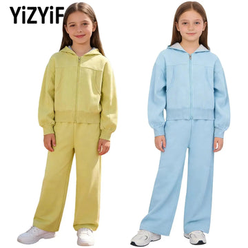 Girls Athletic Tracksuit Set - Hooded Jacket & Wide-Leg Pants for Sports & Active Wear (Ages 5-13)