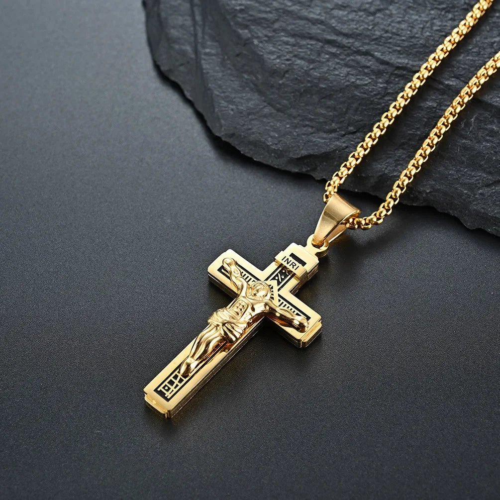 Hip Hop Cross Necklace for Men - Gold & Silver Religious Jesus Pendant Jewelry Gift