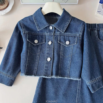 Girls Denim Jacket & Long Skirt Set - 2-Piece Fall Outfit (Ages 7-13)