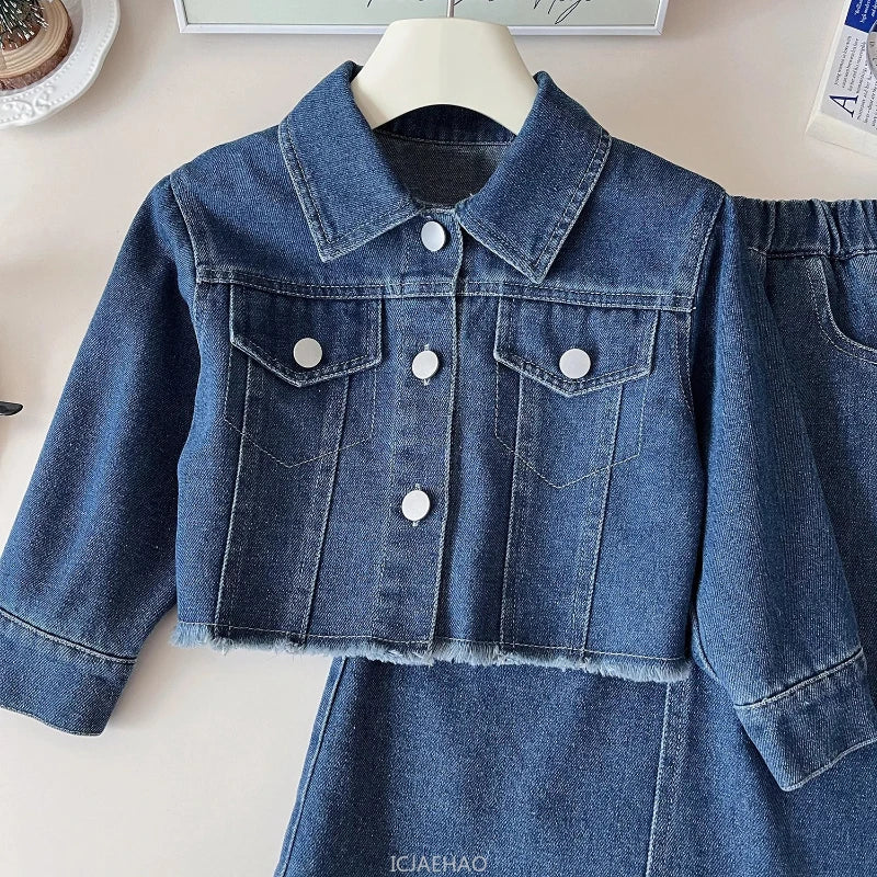 Girls Denim Jacket & Long Skirt Set - 2-Piece Fall Outfit (Ages 7-13)