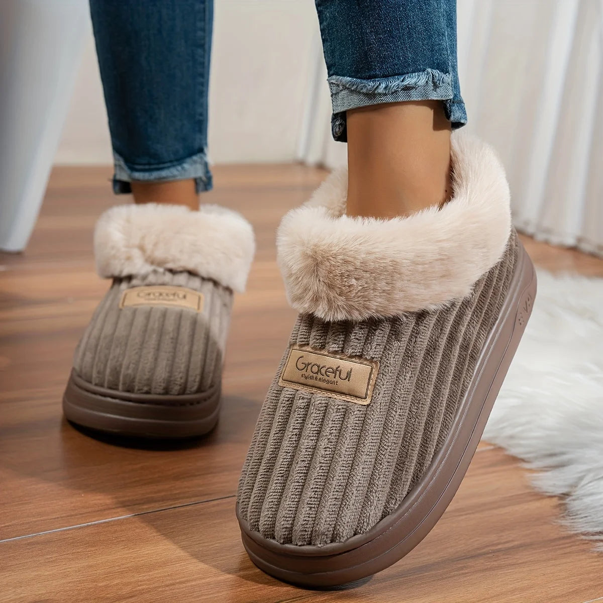 Winter Warm Slippers - Thick Sole Non-Slip Indoor Outdoor House Shoes with Comfortable Heel