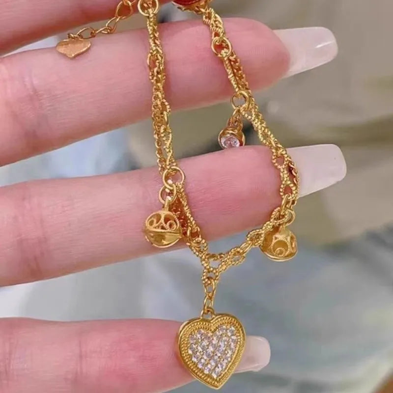 Gold Love Heart Zircon Bracelet - Double Layer Valentine's Day Jewelry