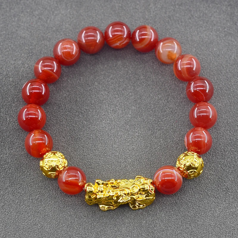 Pixiu Bracelet Feng Shui Wealth and Good Luck Bracelet Homme Wristband Gold Color Obisidian Stone Beads Black Six Character Gift