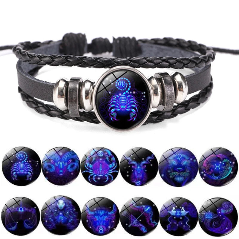 Luminous Zodiac Constellation Bracelet - Glow-in-the-Dark Multilayer Leather Charm