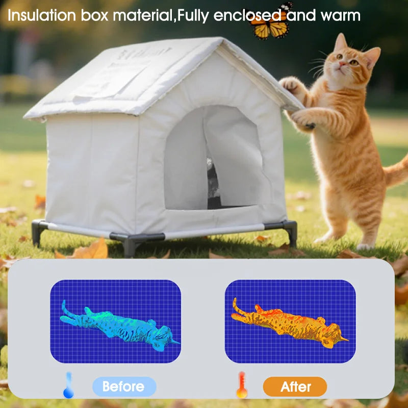 Outdoor Cat House – Waterproof Elevated Shelter with Washable Pad (Winter Warm)