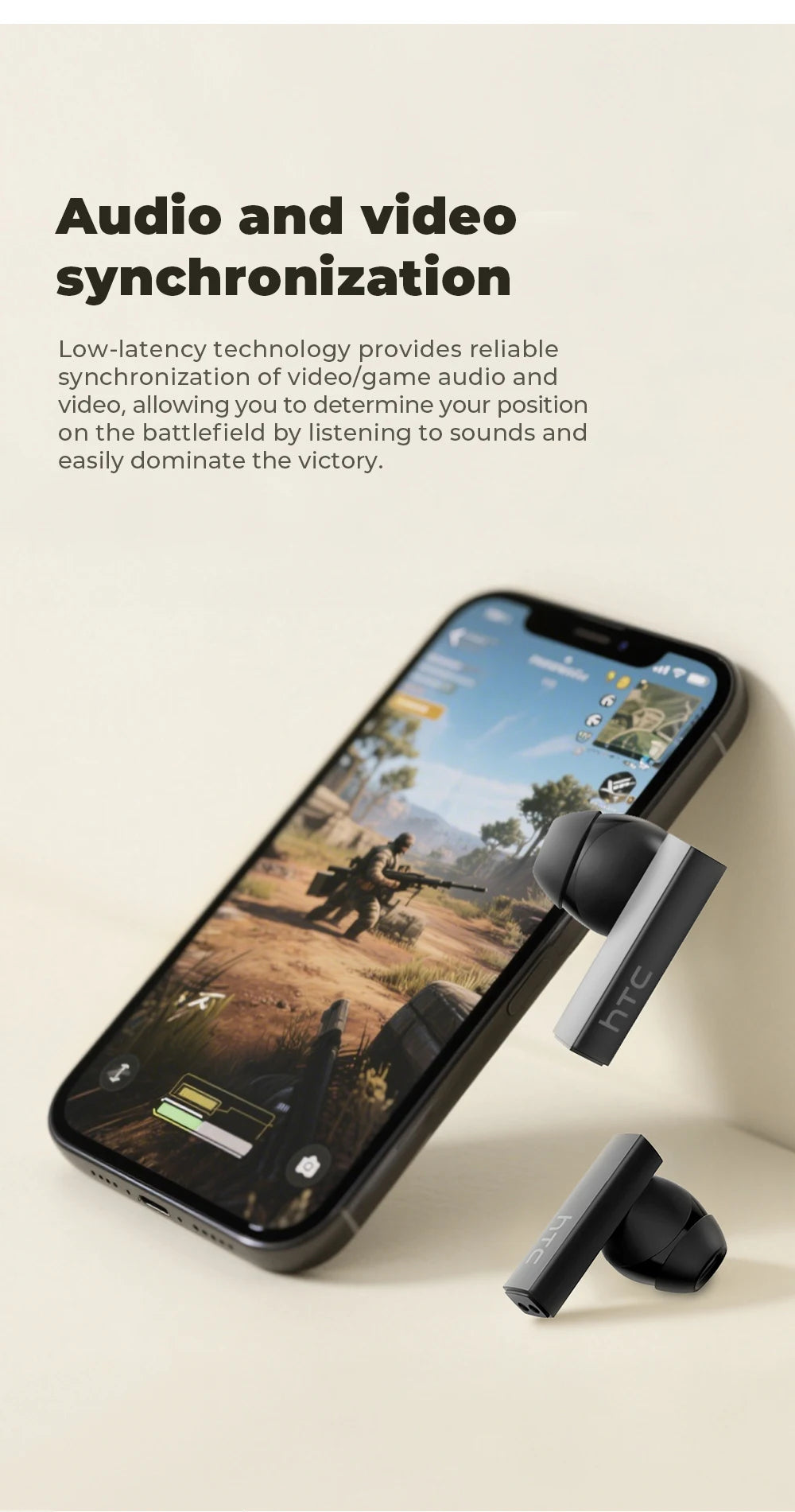 HTC Bluetooth Earphones with AI Translator & HD Subtitles - TWS Sports Wireless