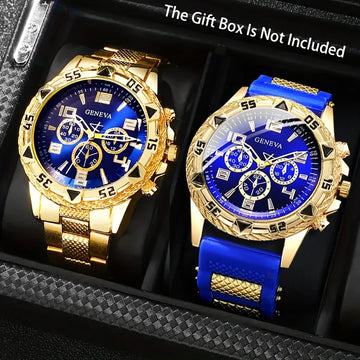 Men's Vintage Watch Set - 2-Piece Quartz Watch Collection with Stainless Steel & Silicone Bands