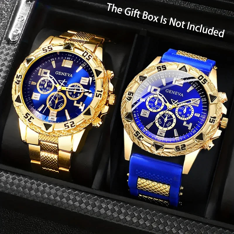 Men's Vintage Watch Set - 2-Piece Quartz Watch Collection with Stainless Steel & Silicone Bands