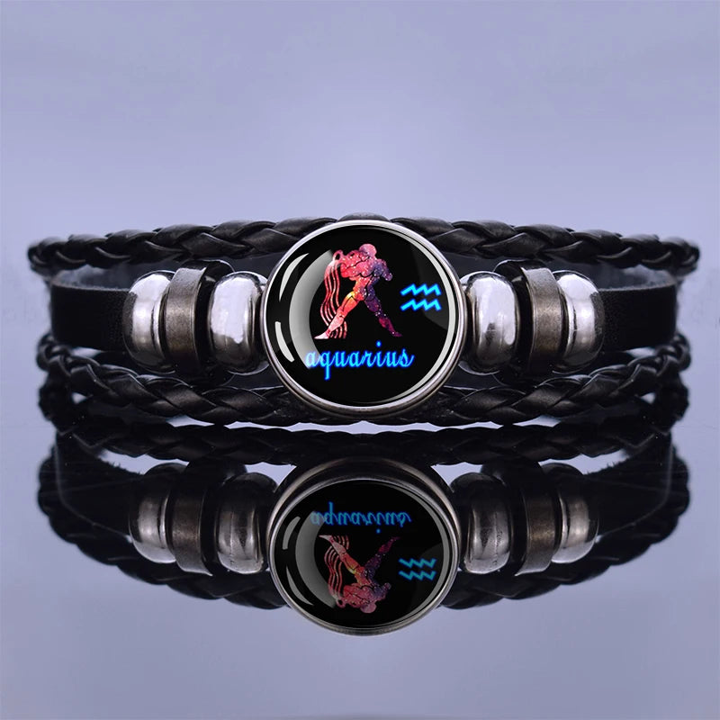 Black Braided Zodiac Bracelet for Men - 12 Constellation Leather Birthday Gift