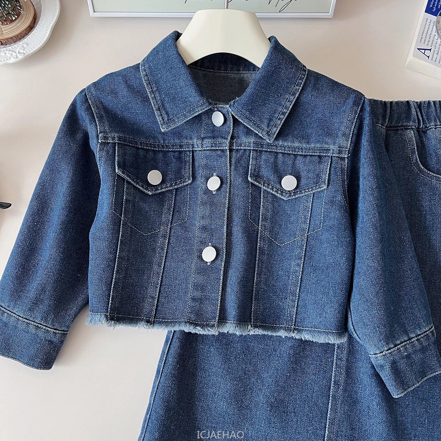 Girls Denim Jacket & Long Skirt Set - 2-Piece Fall Outfit (Ages 7-13)