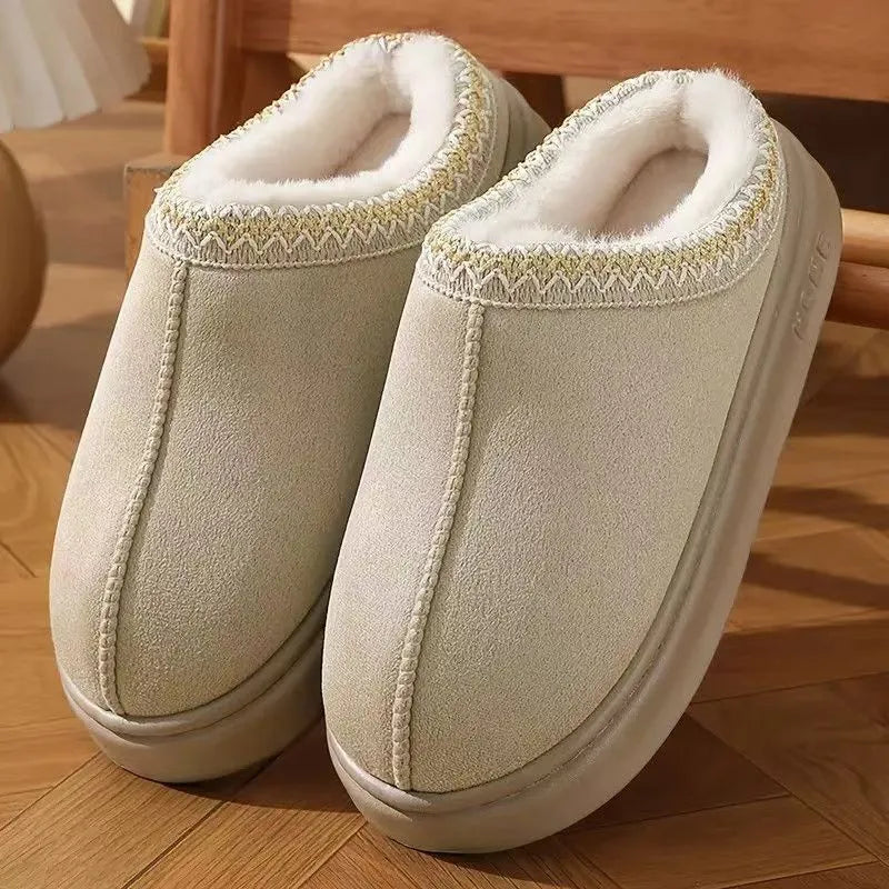 Women's Winter Slippers - Embroidered Plush Anti-Slip Indoor House Shoes with Thick Sole