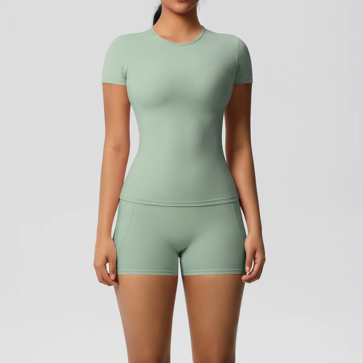 Women's 2-Piece Workout Set - Push-Up Shirt & High Waist Shorts for Yoga & Fitness
