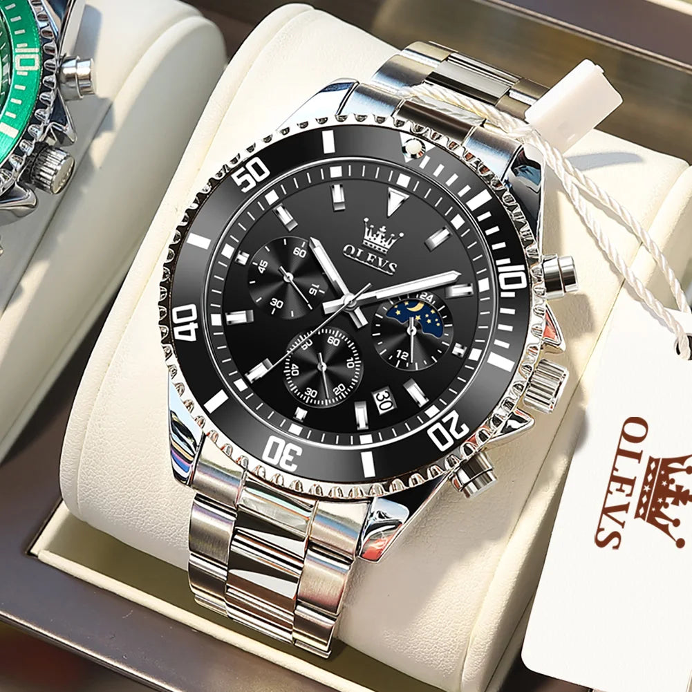 OLEVS 2870 Men's Luxury Watch – Chronograph Moon Phase Date Stainless Steel