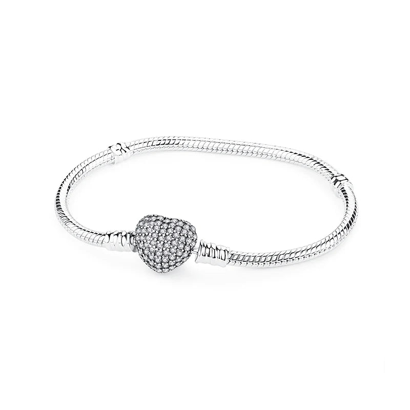 925 Sterling Silver Snake Chain Bracelet with Heart Charm Beads