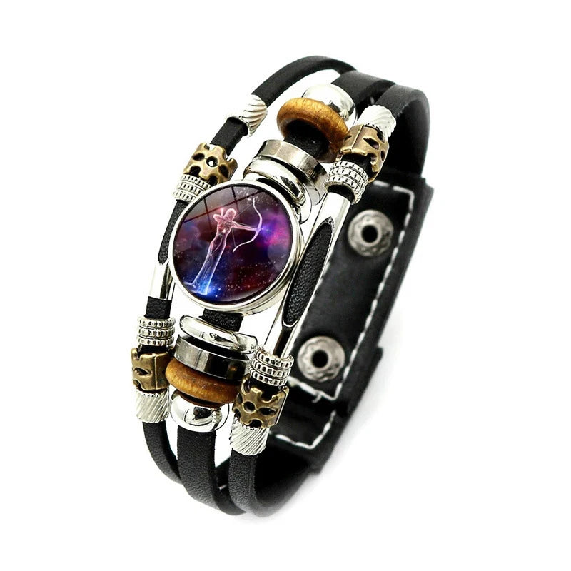 Zodiac Constellation Bracelet – 12 Signs Leather Snap Button Bracelet for Men & Women