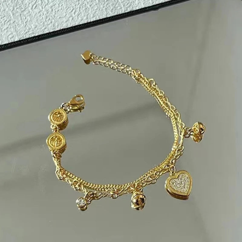 Gold Love Heart Zircon Bracelet - Double Layer Valentine's Day Jewelry