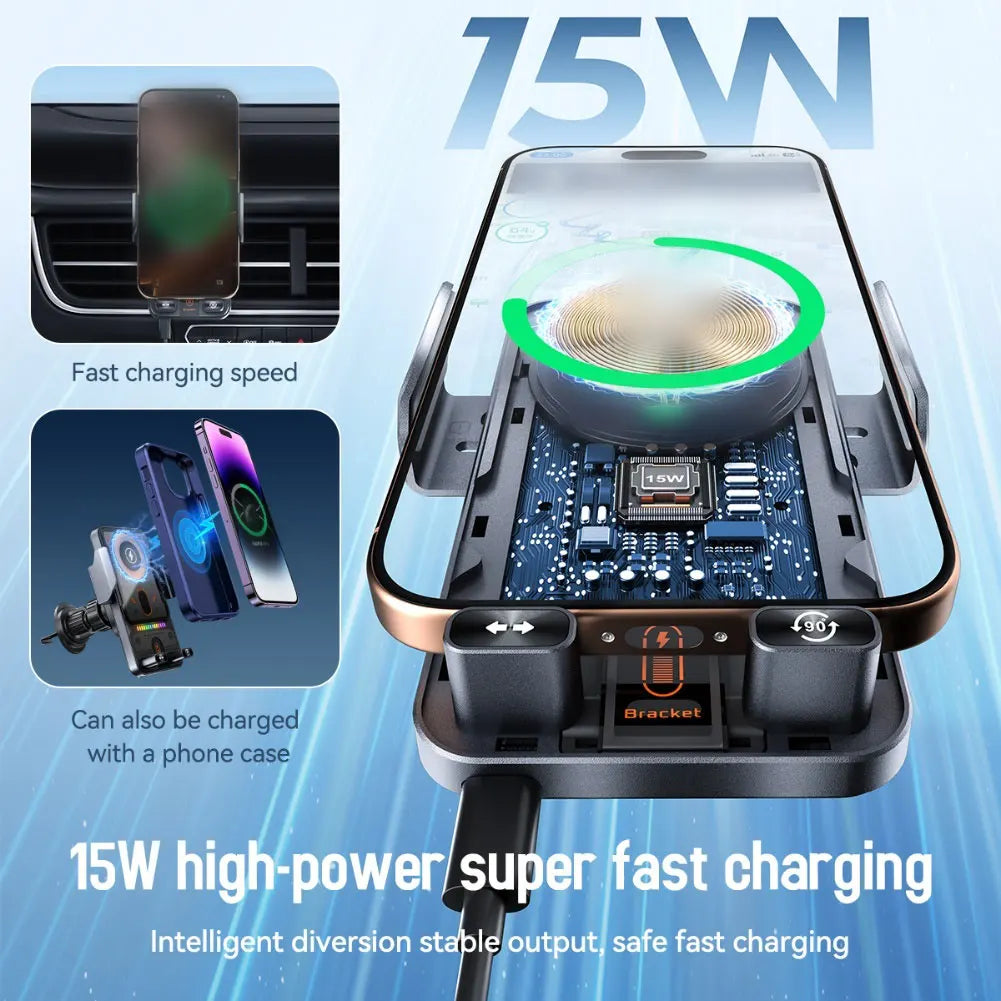 15W Auto-Clamping Wireless Car Charger - One-Touch Phone Holder with Fast Charging