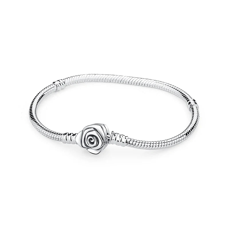 925 Sterling Silver Snake Chain Bracelet with Heart Charm Beads