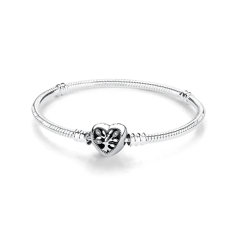 925 Sterling Silver Snake Chain Bracelet with Heart Charm Beads