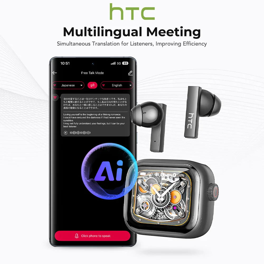 HTC Bluetooth Earphones with AI Translator & HD Subtitles - TWS Sports Wireless