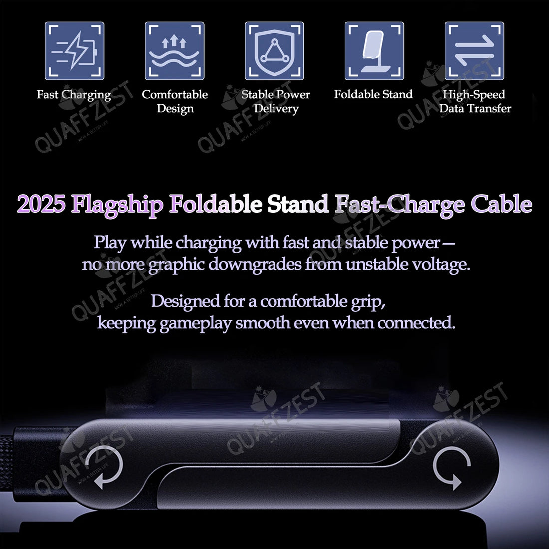 240W Fast Charging Cable with Built-In Foldable Phone Holder - 2-in-1 USB-C Gaming Stand