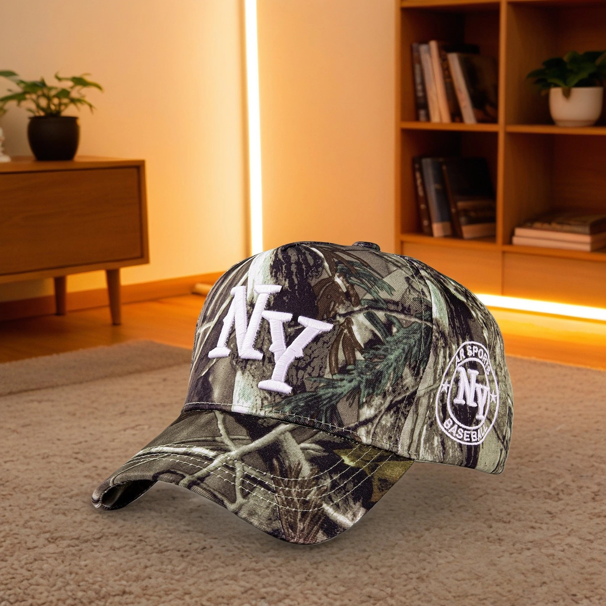 Orange Camo NY Baseball Cap - Leaf Pattern Embroidered Snapback Hat for Street Style