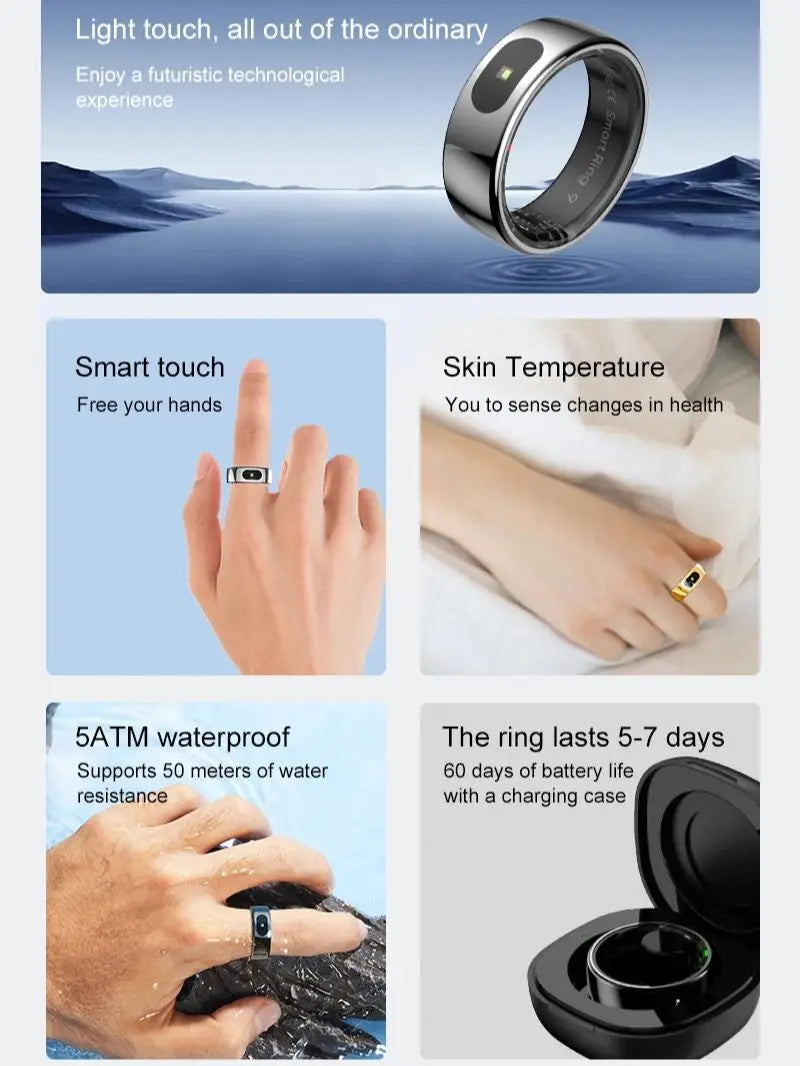 New R08 Smart Ring With Charging Case Smart Touch Screen Health Monitor Sports Fitness Tracker IP68 5ATM Waterproof Smart Ring