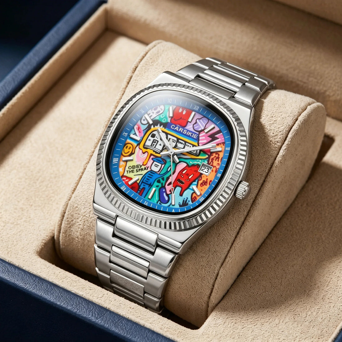 Cartoon Oil Painting Quartz Men's Watch – Casual Steel Strap Personalized Business Timepiece