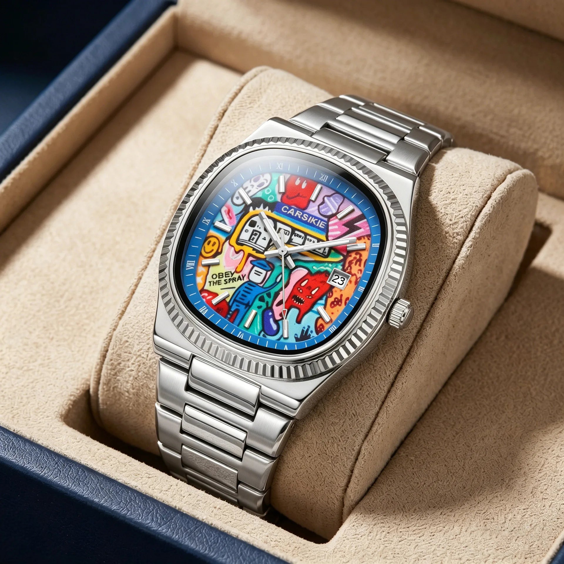 Cartoon Oil Painting Quartz Men's Watch – Casual Steel Strap Personalized Business Timepiece