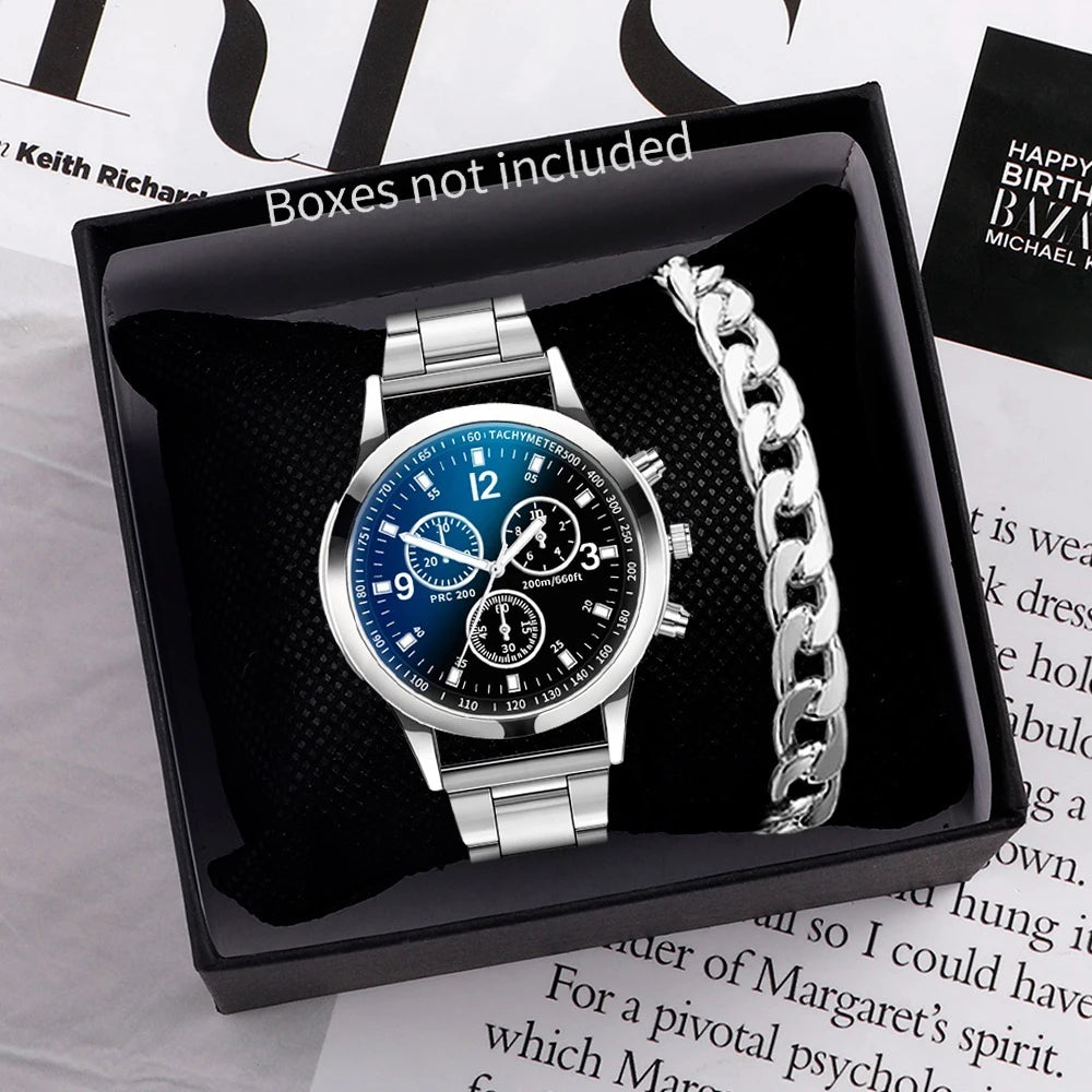 Men's Business Watch - Stainless Steel Band Quartz Wristwatch with Bracelet Set