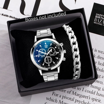 Men's Business Watch - Stainless Steel Band Quartz Wristwatch with Bracelet Set