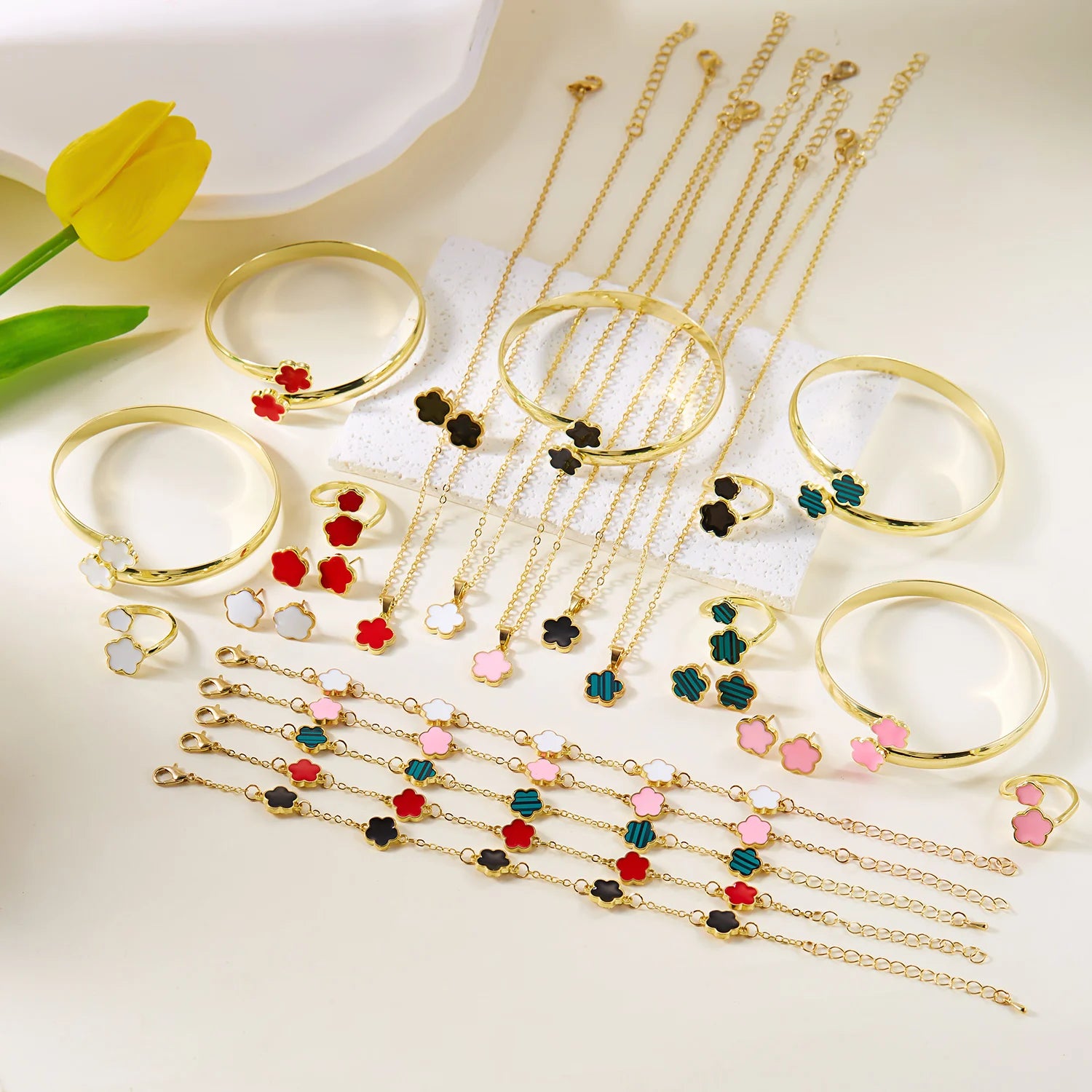 Colorful Enamel Plum Blossom Bracelet Set – Lucky Flower Jewelry