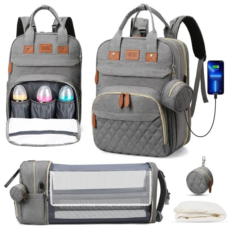 3-in-1 Diaper Bag Backpack – Foldable Baby Bed with USB Charging Port