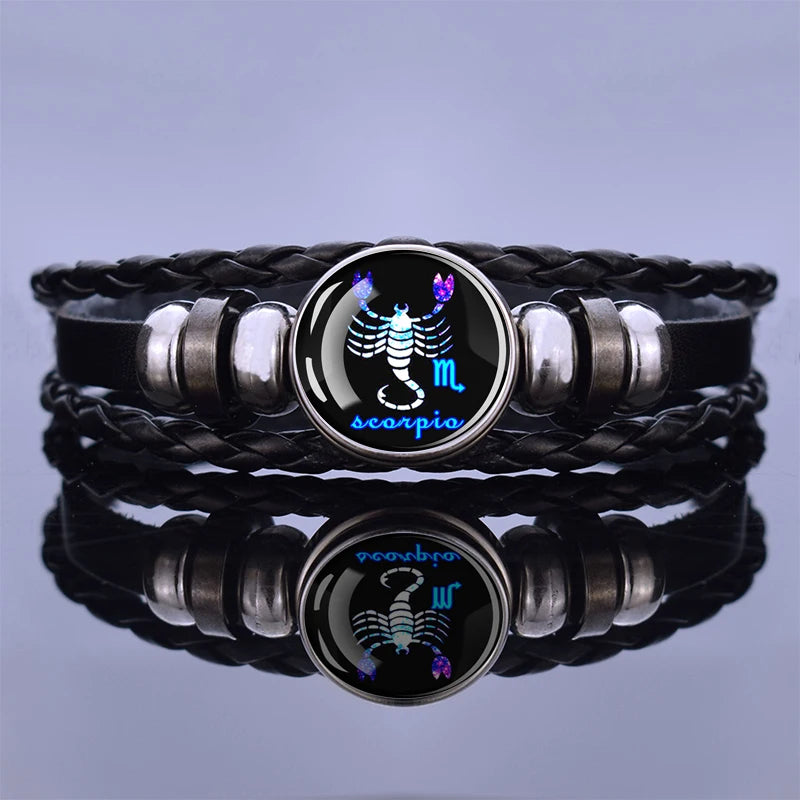 Black Braided Zodiac Bracelet for Men - 12 Constellation Leather Birthday Gift