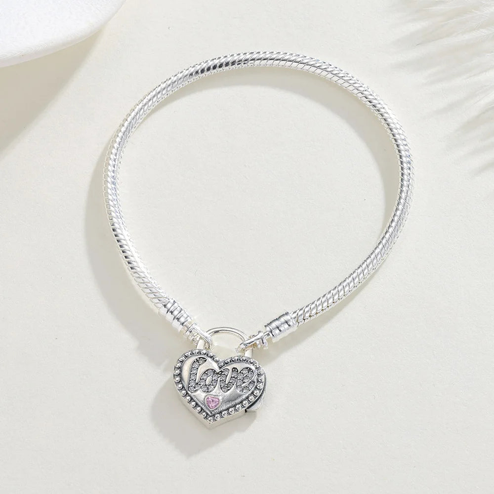 925 Sterling Silver Pink Zircon Padlock Charm Bracelet
