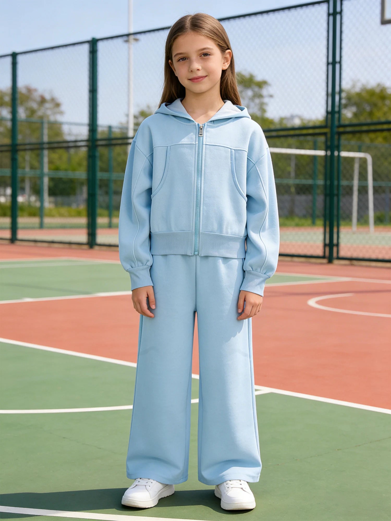 Girls Athletic Tracksuit Set - Hooded Jacket & Wide-Leg Pants for Sports & Active Wear (Ages 5-13)