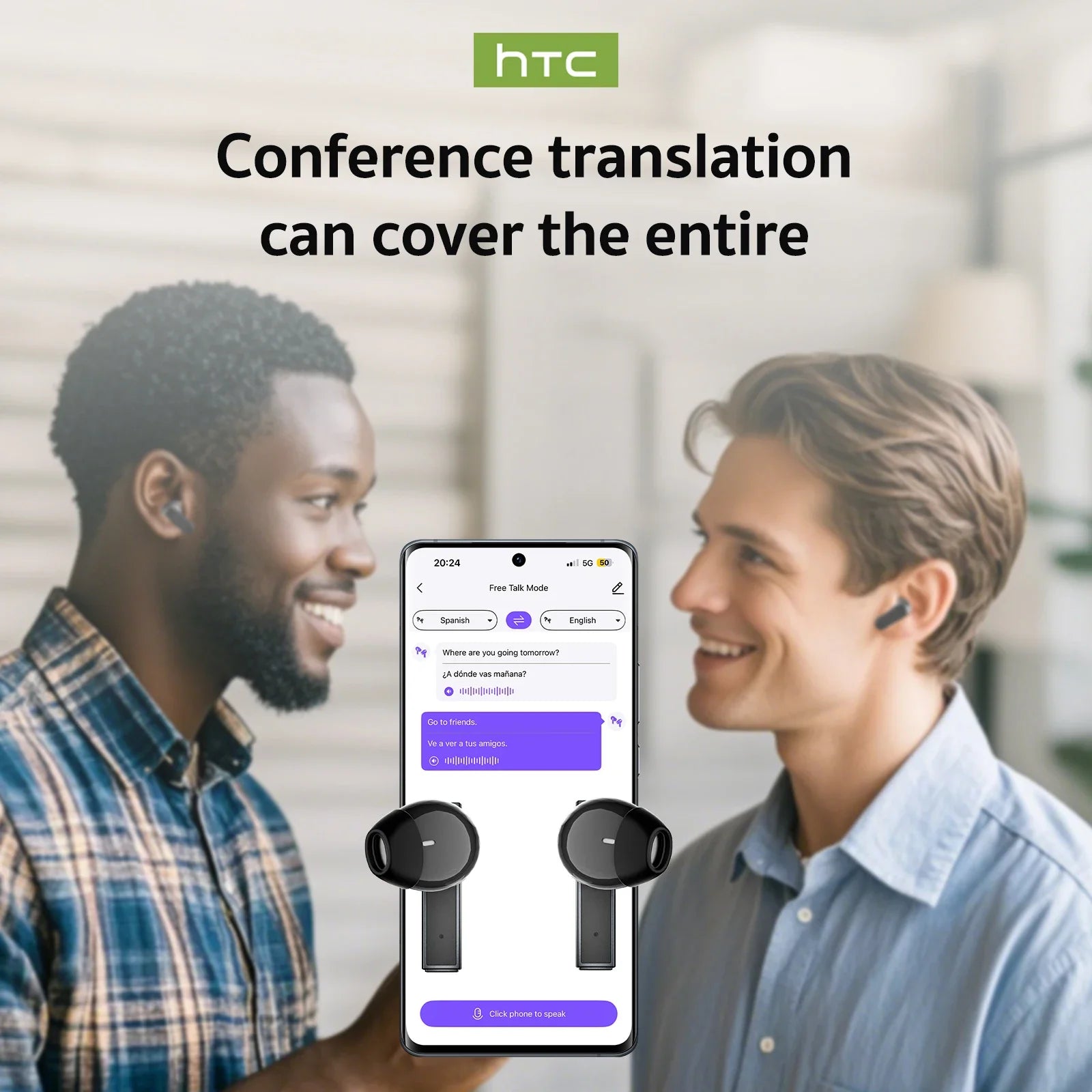HTC Bluetooth Earphones with AI Translator & HD Subtitles - TWS Sports Wireless