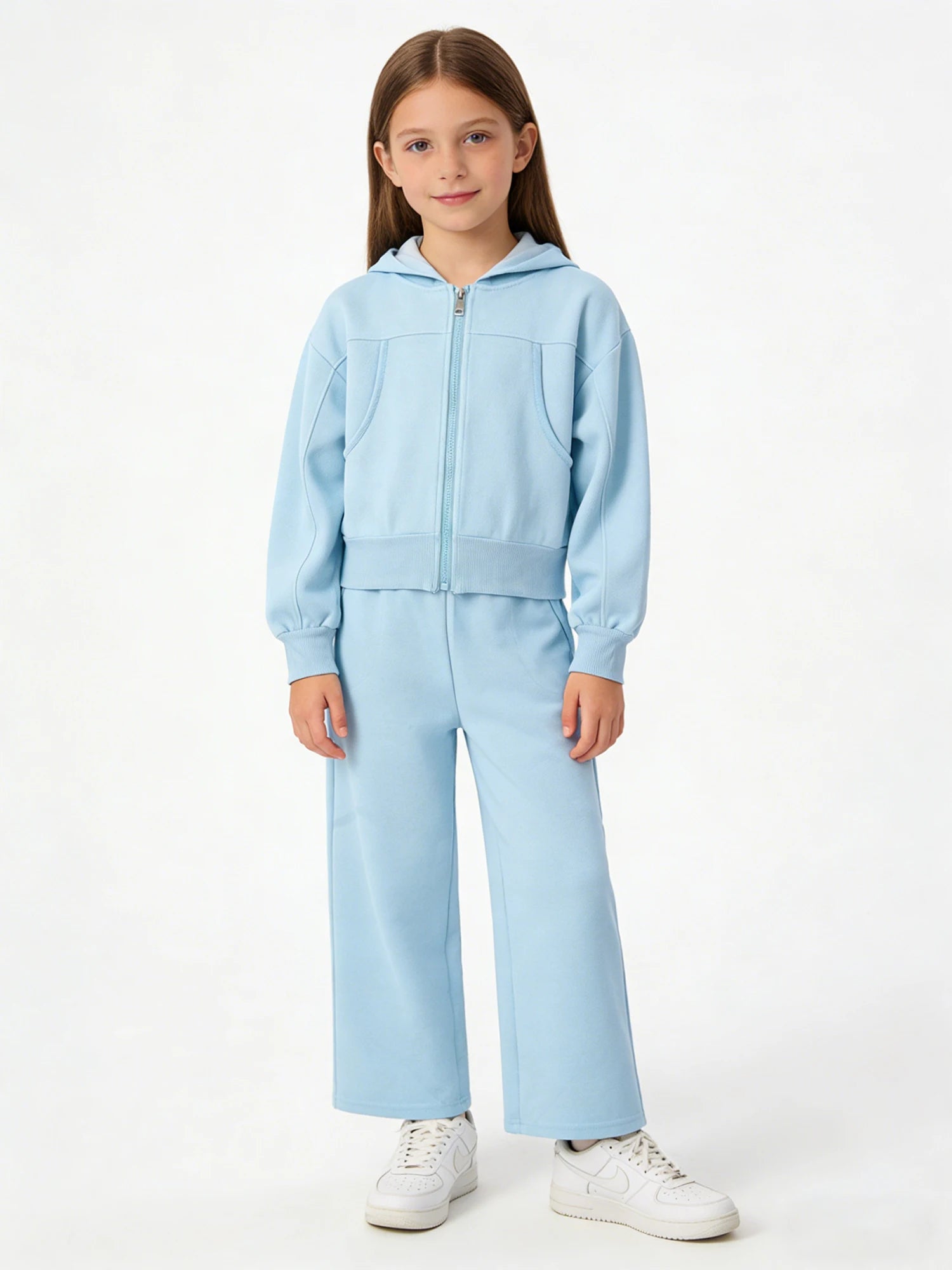 Girls Athletic Tracksuit Set - Hooded Jacket & Wide-Leg Pants for Sports & Active Wear (Ages 5-13)