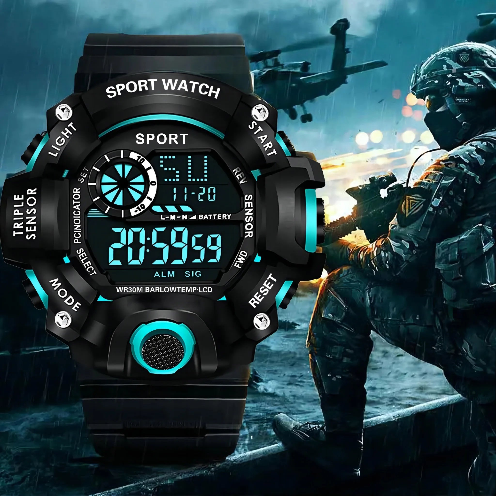 Men's Digital Sports Watch - Large Dial Waterproof Military LED Wristwatch