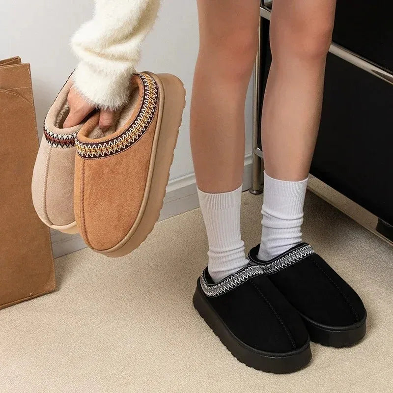 Women's Winter Slippers - Embroidered Plush Anti-Slip Indoor House Shoes with Thick Sole