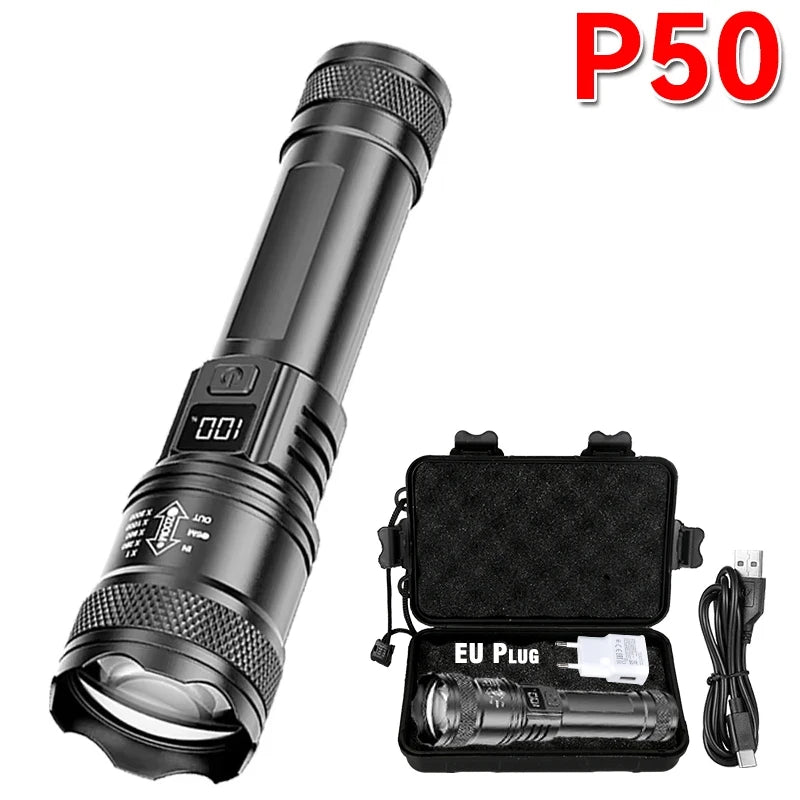 P50 Ultra Bright LED Flashlight - 2000 Lumens Tactical Rechargeable Torch with Zoom