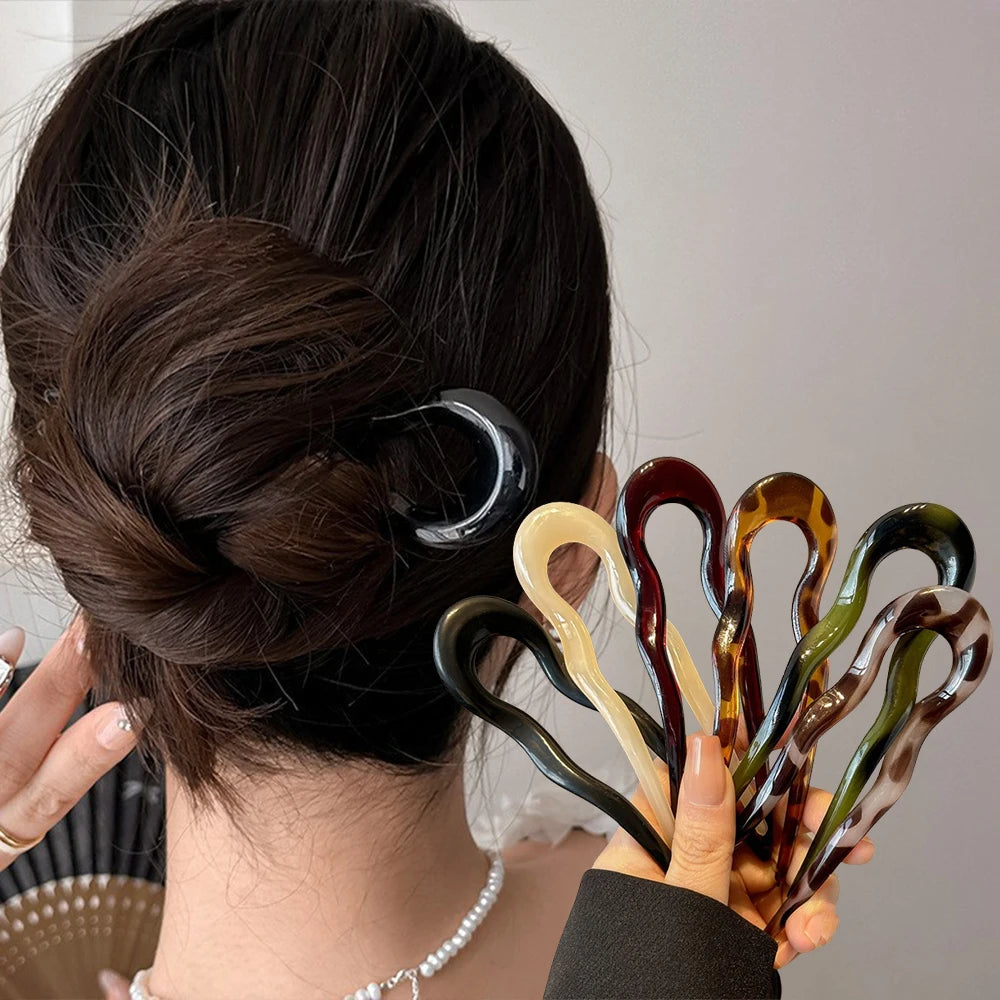 U-Shaped Hair Fork – Tortoiseshell Acrylic Hairpin for Women | All Seasons
