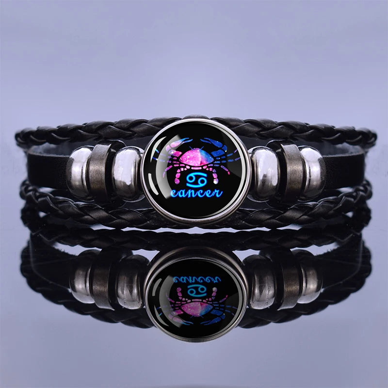 Black Braided Zodiac Bracelet for Men - 12 Constellation Leather Birthday Gift