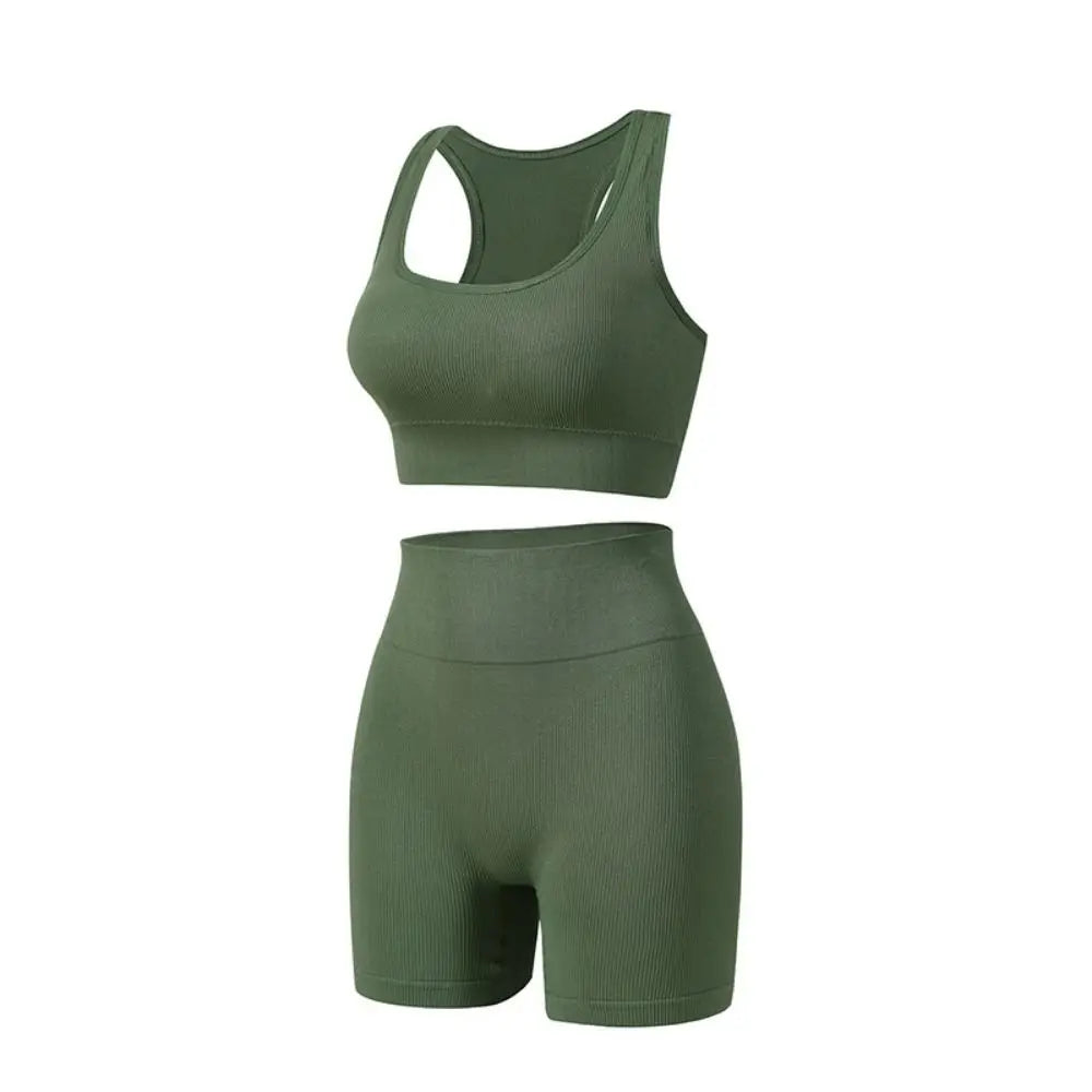 Women's 2-Piece Breathable Ribbed Workout Set - Sports Bra & High Waist Shorts (Summer Active Set)
