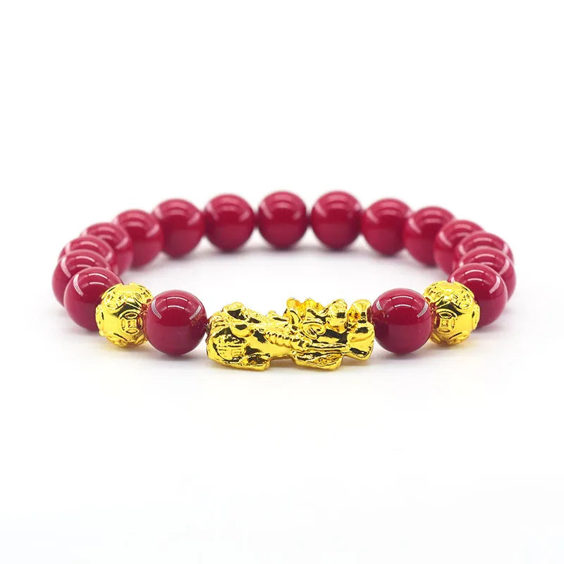 Pixiu Bracelet Feng Shui Wealth and Good Luck Bracelet Homme Wristband Gold Color Obisidian Stone Beads Black Six Character Gift